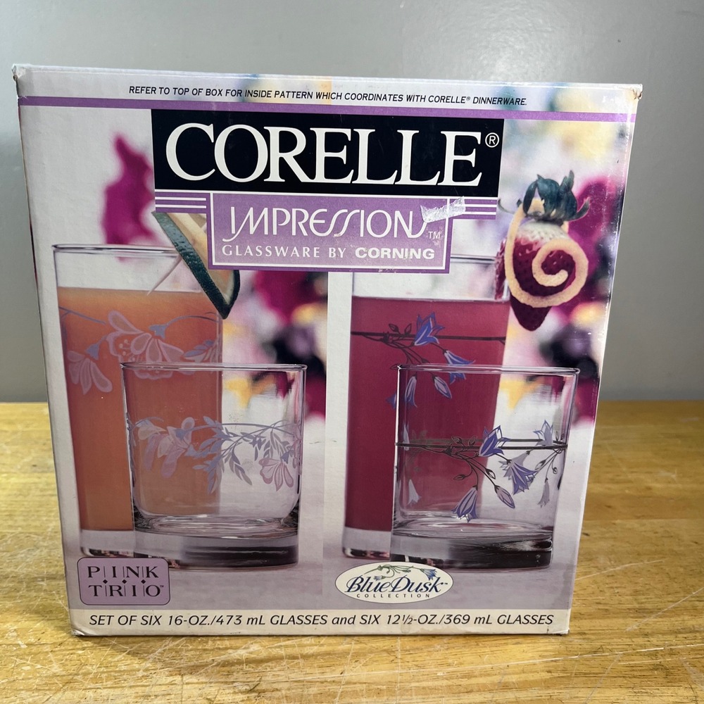 Corelle Blue Dusk Glassware Set 12pc Vtg Blue Floral 16oz 12.5oz Glasses